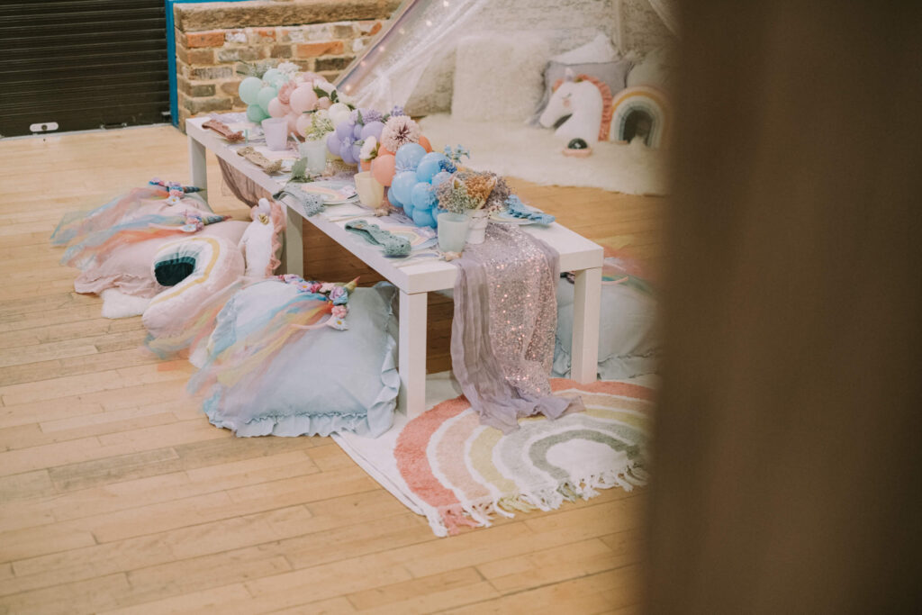 Sleepover teepee party styling with teepees and low tables
