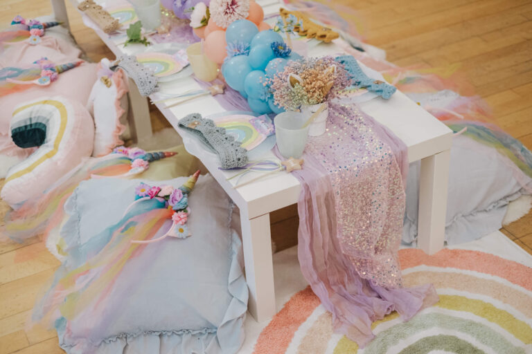Luxe picnic low table with tulle runner and cushions