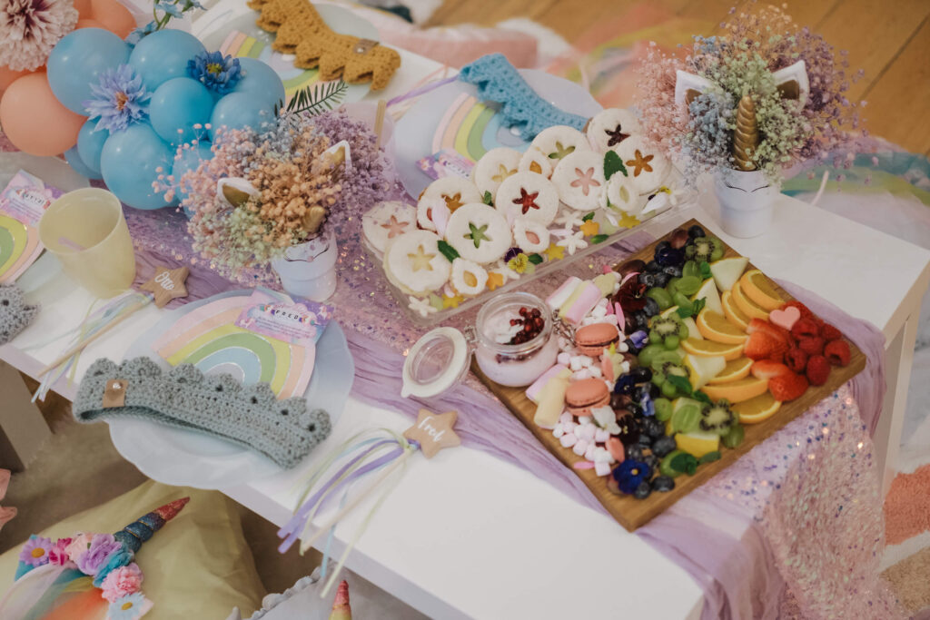 Treat table with pastel balloon garland