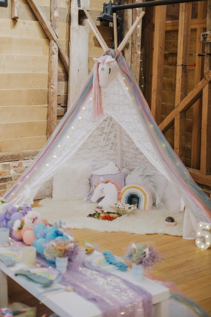 Sleepover teepee setup styled for a party